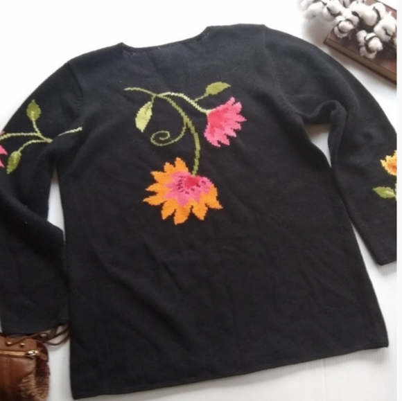 VINTAGE Belle Isle large floral black ramie & cotton chunky knitted sweater - Picture 11 of 13